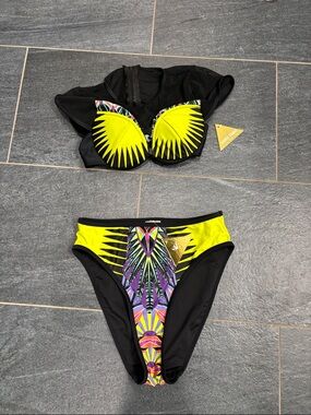 SS2016 Andrea Iyamah Black & Neon Yellow Geometric Print Two-Piece Bikini SET